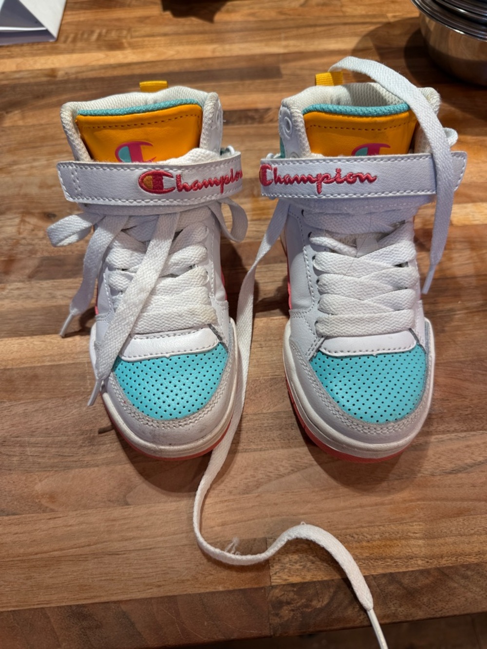 Champion Kids High-Top Sneakers in White, Teal, Yellow and Pink